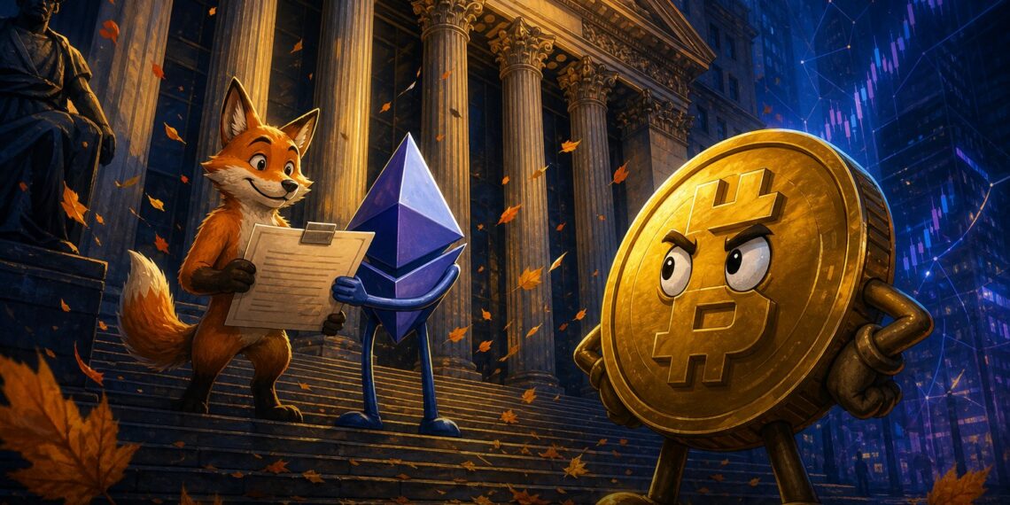Ilustração editorial com MetaMask e Ethereum diante da bolsa, representando adiamento de IPO da Consensys