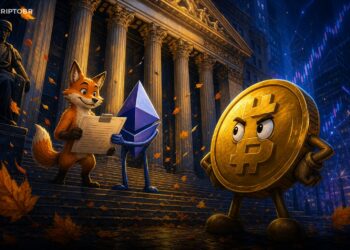 Ilustração editorial com MetaMask e Ethereum diante da bolsa, representando adiamento de IPO da Consensys