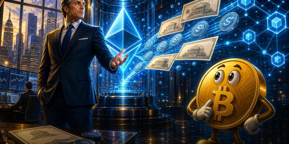 Ilustração editorial sobre fundo tokenizado do JPMorgan no Ethereum