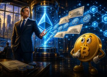 Ilustração editorial sobre fundo tokenizado do JPMorgan no Ethereum