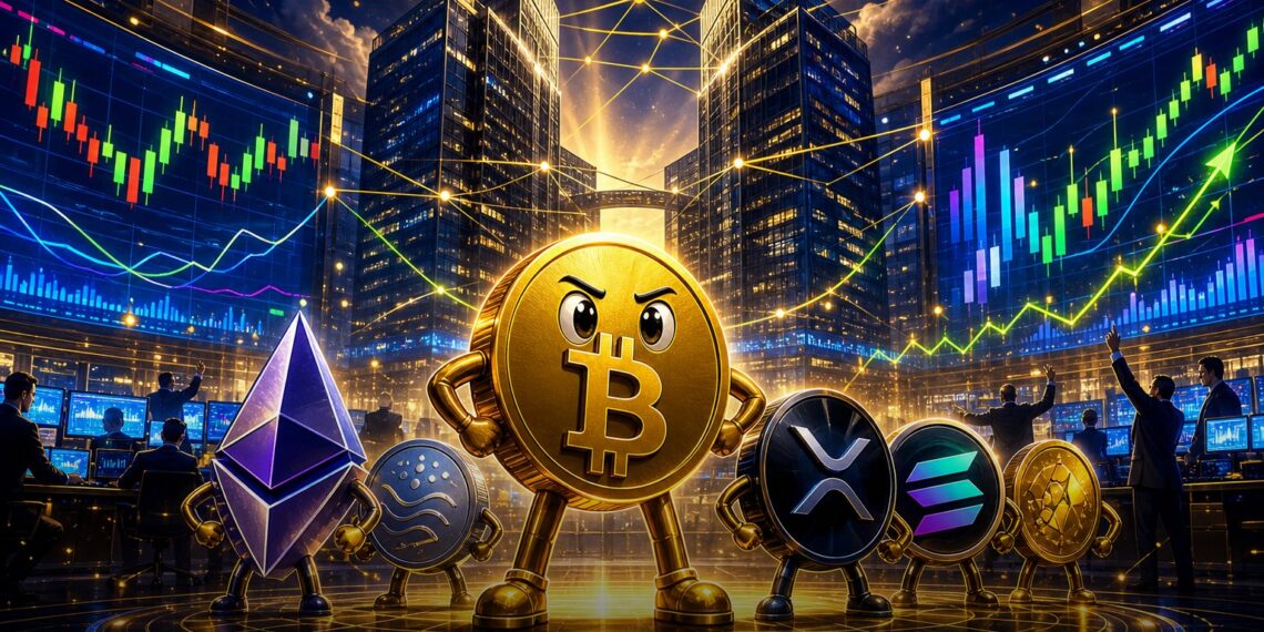Ilustração editorial de futuros de índice cripto da CME e Nasdaq com Bitcoin e altcoins