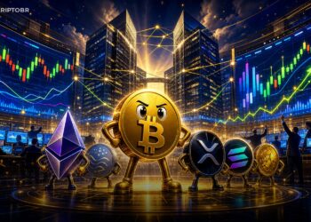 Ilustração editorial de futuros de índice cripto da CME e Nasdaq com Bitcoin e altcoins