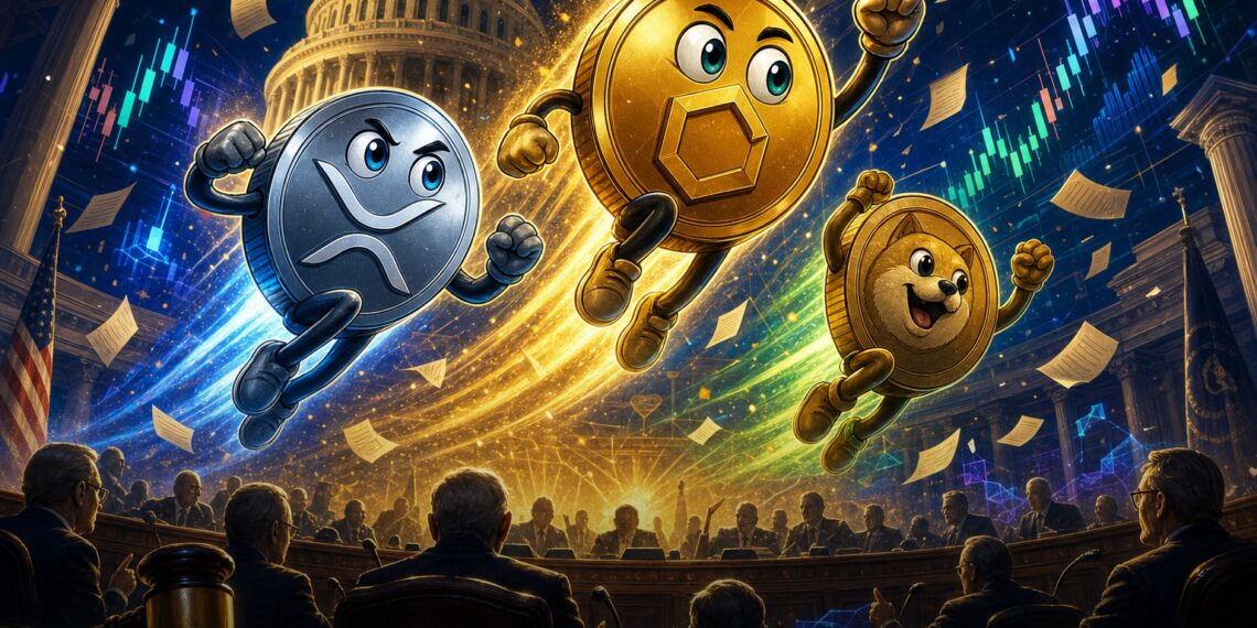 Ilustração editorial de XRP, Bitcoin e Dogecoin subindo após avanço regulatório nos EUA