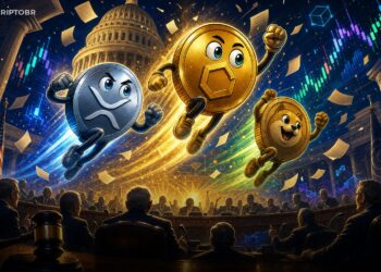 Ilustração editorial de XRP, Bitcoin e Dogecoin subindo após avanço regulatório nos EUA