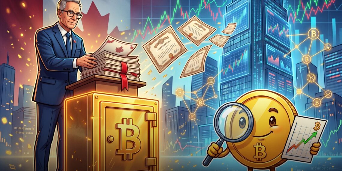 Ilustração editorial sobre fundo canadense comprando ações da Strategy para exposição ao Bitcoin