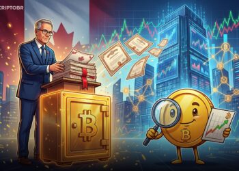 Ilustração editorial sobre fundo canadense comprando ações da Strategy para exposição ao Bitcoin