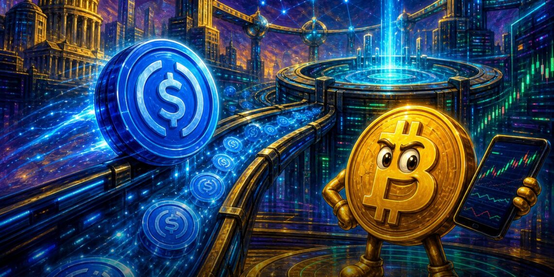 Ilustração editorial de USDC fluindo para a Hyperliquid com mascote Bitcoin observando gráficos on-chain