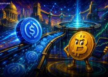 Ilustração editorial de USDC fluindo para a Hyperliquid com mascote Bitcoin observando gráficos on-chain