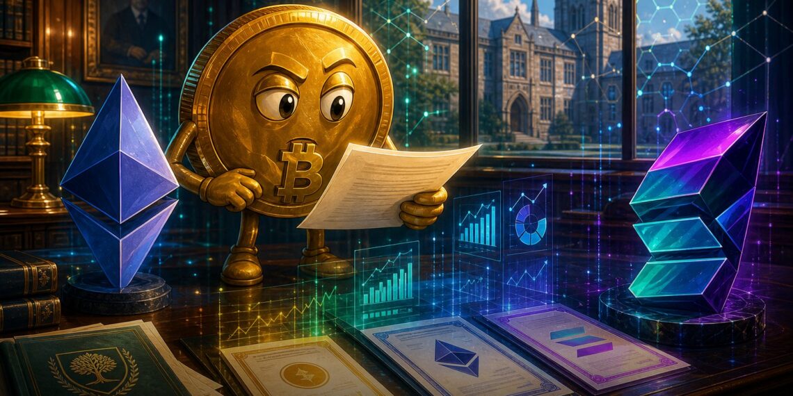 Ilustração editorial sobre Dartmouth e ETFs cripto de Bitcoin, Ethereum e Solana