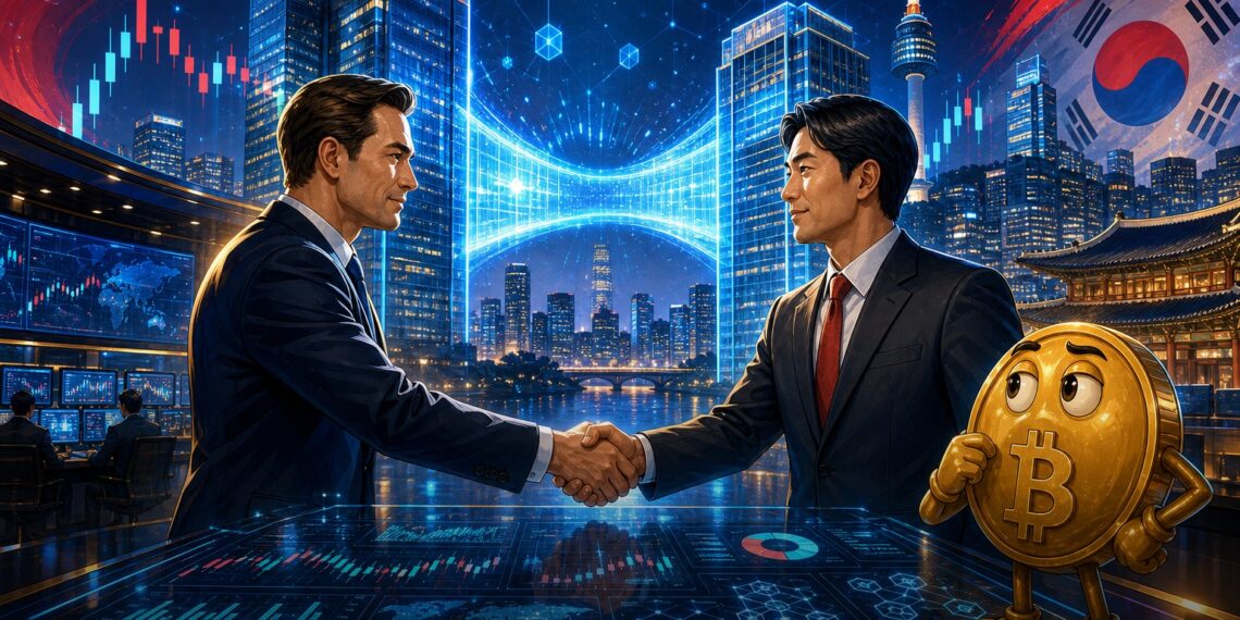 Ilustração editorial sobre acordo da OKX para comprar fatia da Coinone na Coreia do Sul