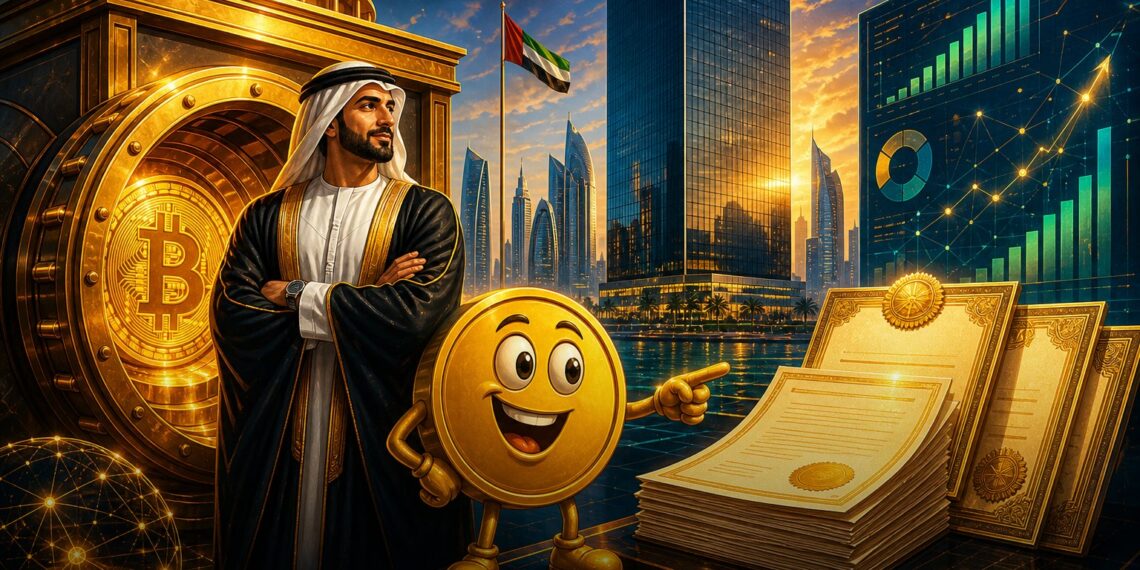 Ilustração editorial sobre Mubadala aumentando exposição ao ETF de Bitcoin da BlackRock