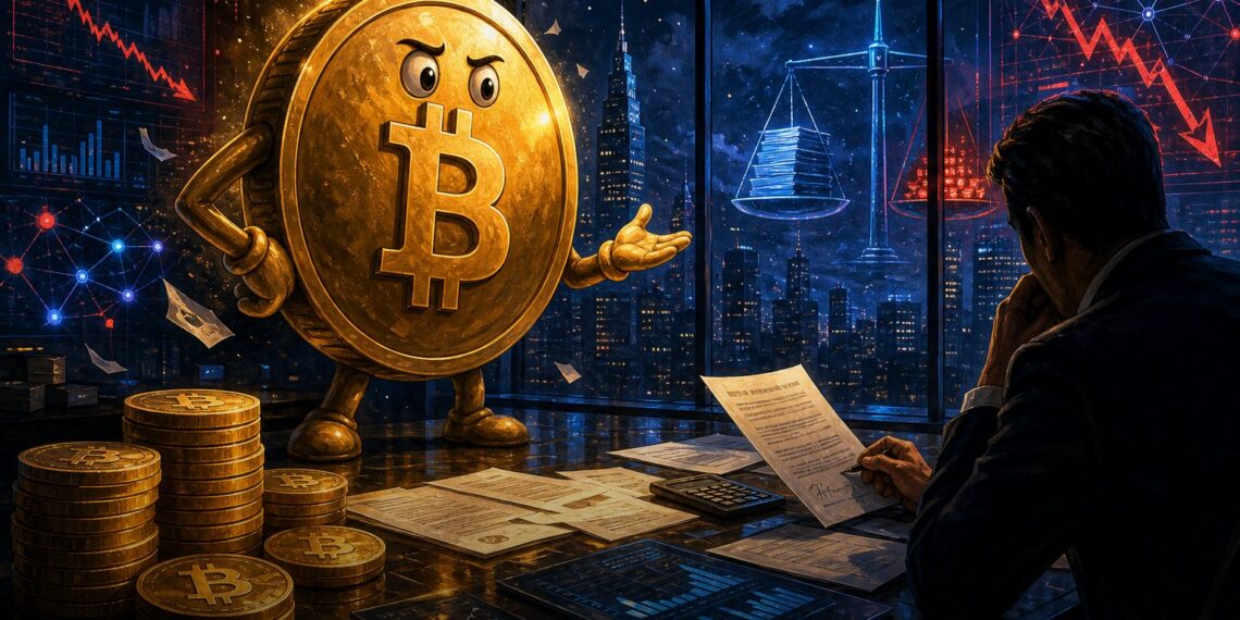 Ilustração editorial de Bitcoin em sala corporativa analisando dívida da Strategy