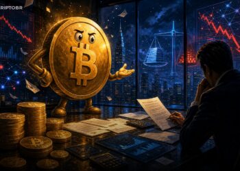 Ilustração editorial de Bitcoin em sala corporativa analisando dívida da Strategy