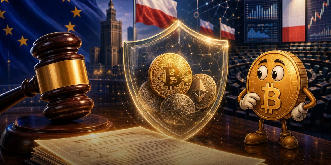 Ilustração editorial sobre regulação cripto na Polônia e o MiCA europeu