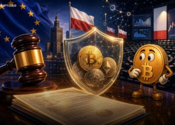 Ilustração editorial sobre regulação cripto na Polônia e o MiCA europeu