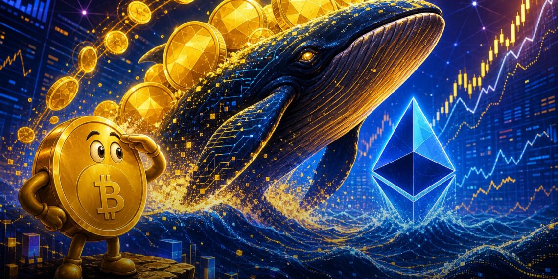 Ilustração editorial de baleia cripto acumulando BNB após rotação de Ethereum