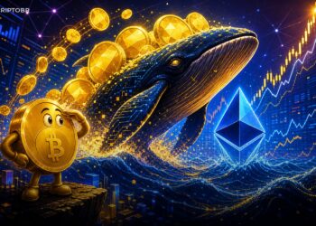 Ilustração editorial de baleia cripto acumulando BNB após rotação de Ethereum