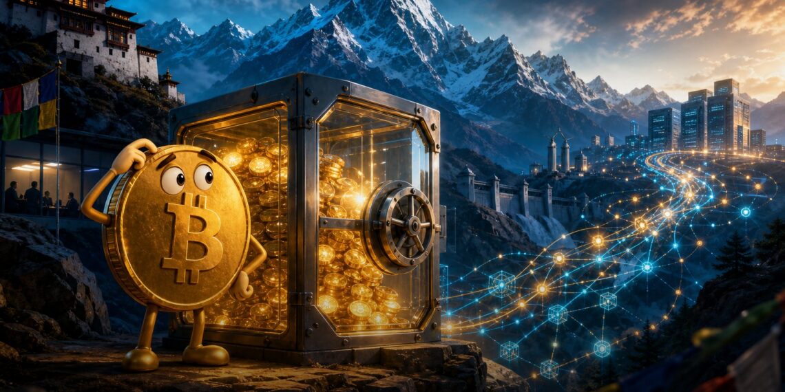 Ilustração editorial sobre o Butão negando venda de Bitcoin após movimentações on-chain