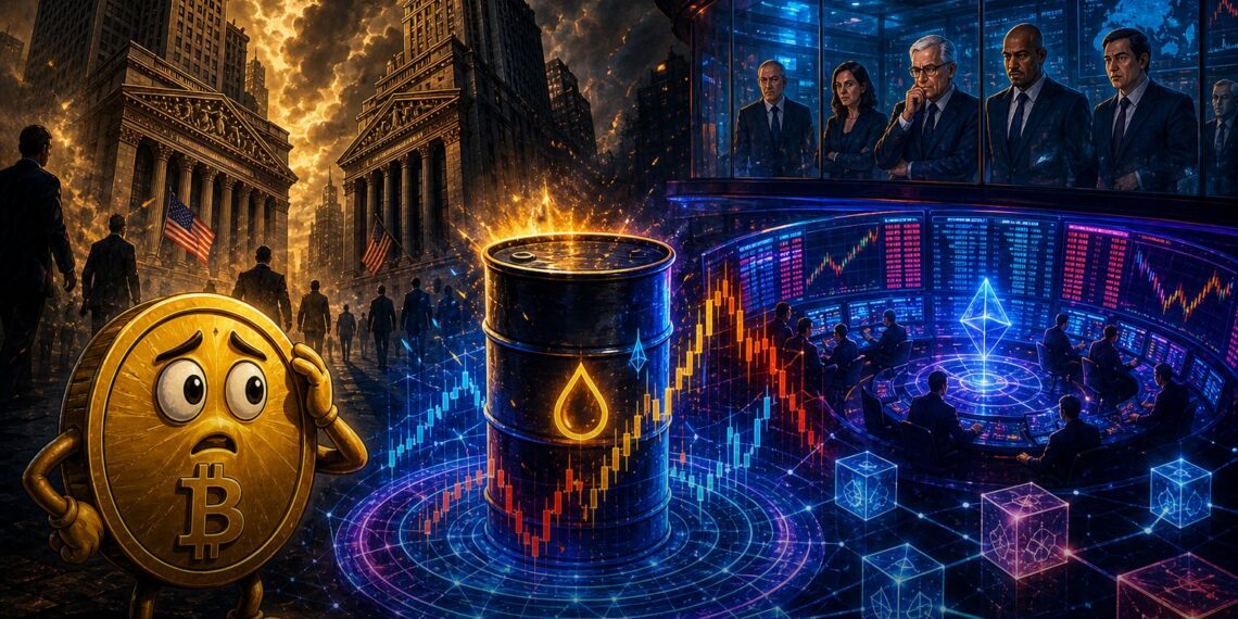 Ilustração editorial sobre CME, ICE e Hyperliquid em disputa regulatória por derivativos ligados ao petróleo