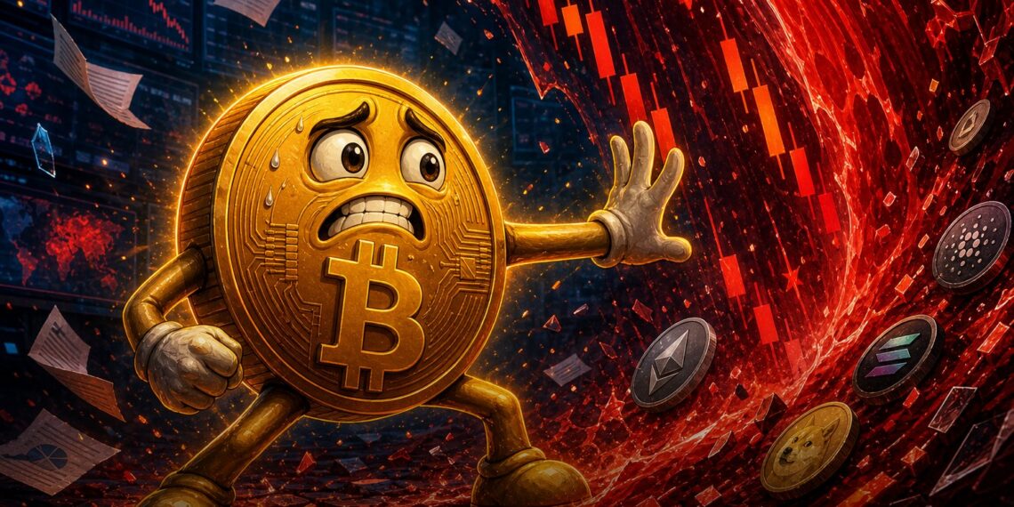 Ilustração editorial do Bitcoin enfrentando queda para US$ 78 mil e liquidações no mercado cripto