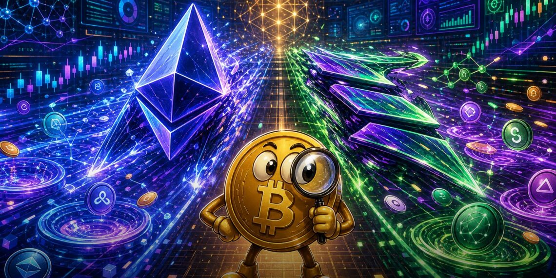 Ilustração editorial de Ethereum e Solana disputando volume em DEXs, com mascote Bitcoin analisando o mercado DeFi