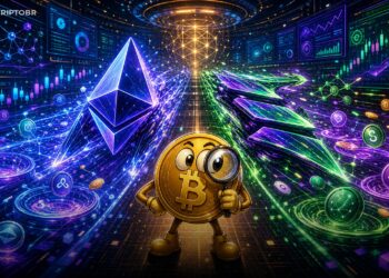 Ilustração editorial de Ethereum e Solana disputando volume em DEXs, com mascote Bitcoin analisando o mercado DeFi