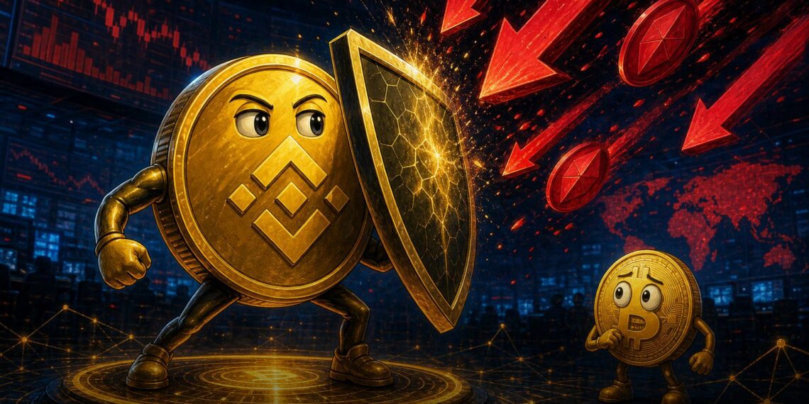 Ilustração editorial do BNB resistindo à queda do mercado cripto enquanto o CoinDesk 20 recua.