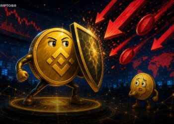 Ilustração editorial do BNB resistindo à queda do mercado cripto enquanto o CoinDesk 20 recua.