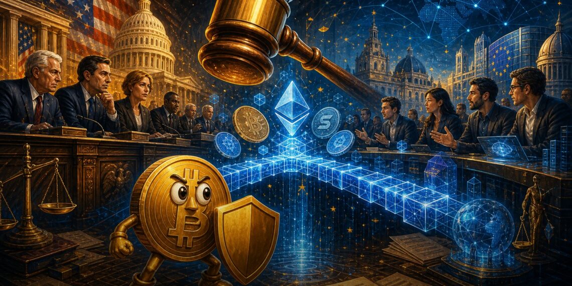 Ilustração editorial sobre Clarity Act, regulação cripto nos EUA e competição global