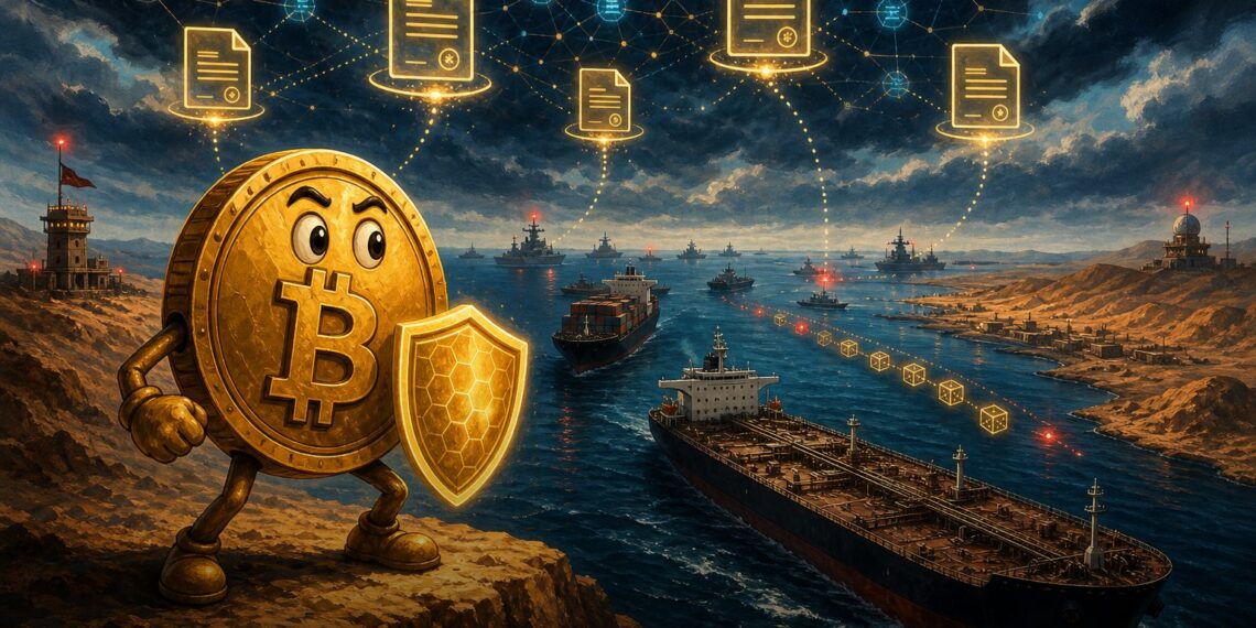 Ilustração editorial de navios no Estreito de Hormuz com mascote Bitcoin e seguro marítimo digital