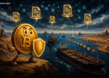 Ilustração editorial de navios no Estreito de Hormuz com mascote Bitcoin e seguro marítimo digital