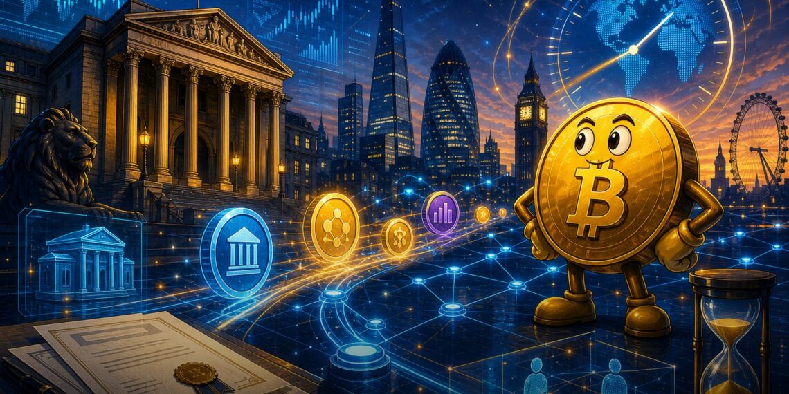 Ilustração editorial sobre tokenização de mercados no Reino Unido e liquidação 24/7