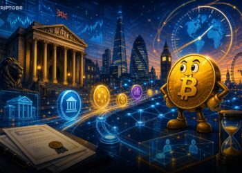 Ilustração editorial sobre tokenização de mercados no Reino Unido e liquidação 24/7