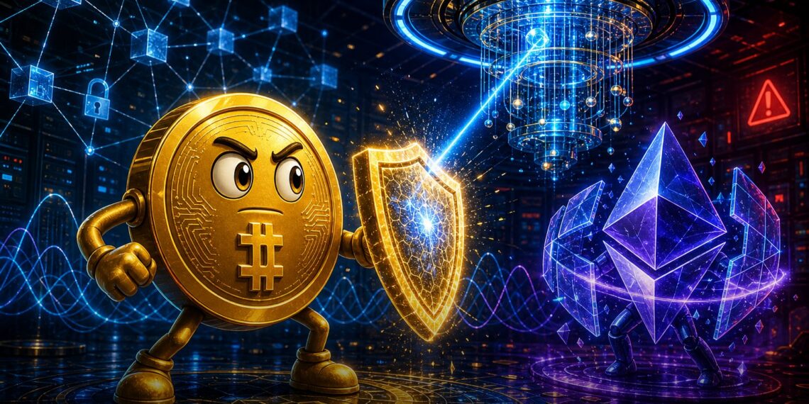 Mascote do Bitcoin em laboratório de computação quântica segurando escudo de segurança digital
