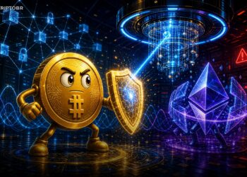 Mascote do Bitcoin em laboratório de computação quântica segurando escudo de segurança digital