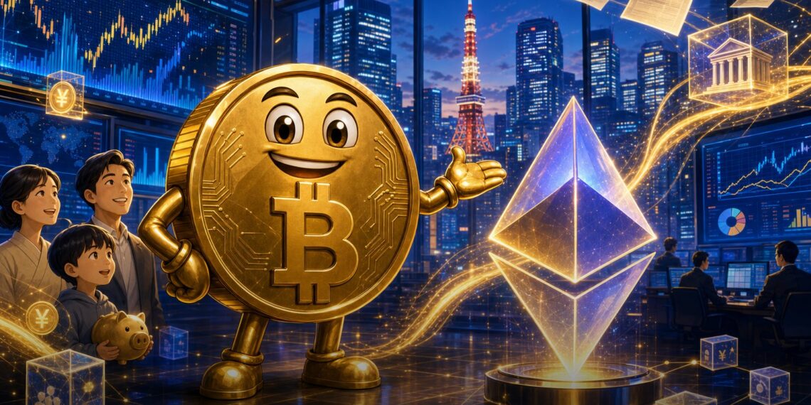 Ilustração editorial de Bitcoin e Ethereum em Tóquio para notícia sobre ETFs cripto no Japão