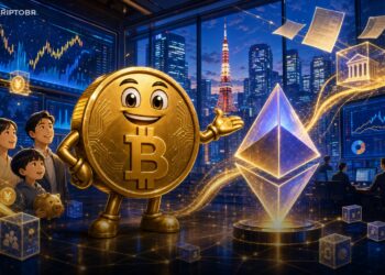 Ilustração editorial de Bitcoin e Ethereum em Tóquio para notícia sobre ETFs cripto no Japão