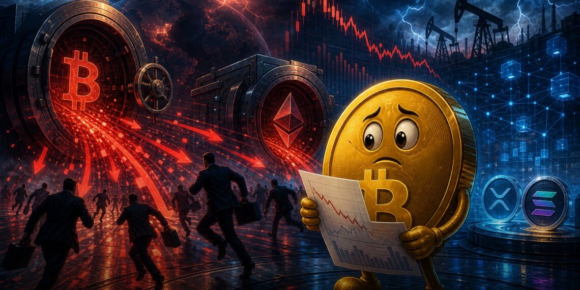 Ilustração editorial de fundos cripto com Bitcoin e Ethereum sob pressão de saídas institucionais