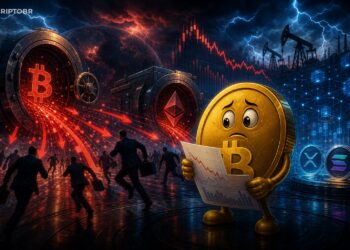 Ilustração editorial de fundos cripto com Bitcoin e Ethereum sob pressão de saídas institucionais
