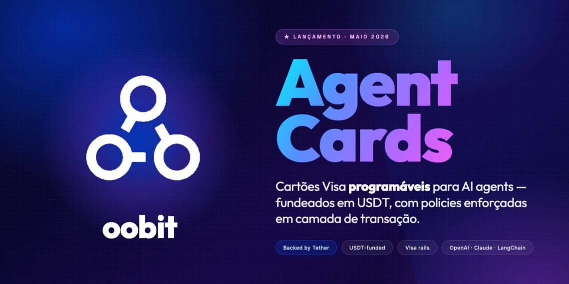 Logo Oobit em destaque ao lado do título Agent Cards em gradiente holográfico — banner editorial CriptoBR sobre o lançamento dos cartões Visa programáveis para AI agents