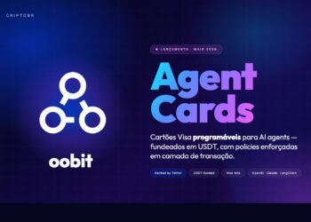 Logo Oobit em destaque ao lado do título Agent Cards em gradiente holográfico — banner editorial CriptoBR sobre o lançamento dos cartões Visa programáveis para AI agents