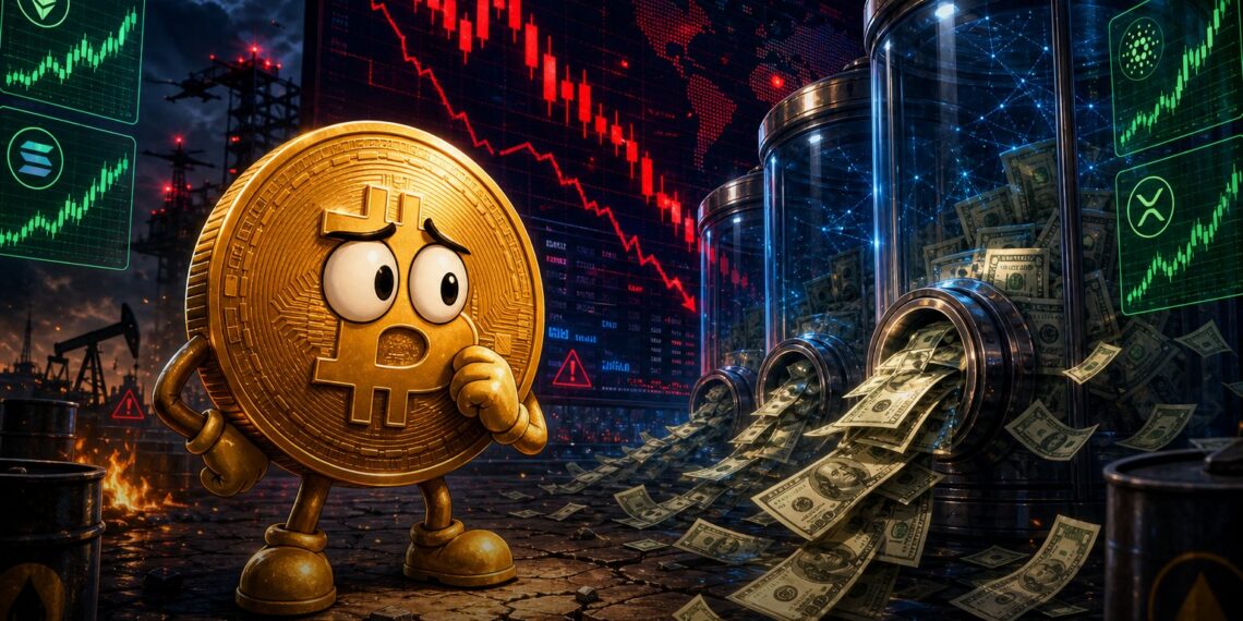 Ilustração editorial do Bitcoin pressionado por saques em ETFs spot e tensão global
