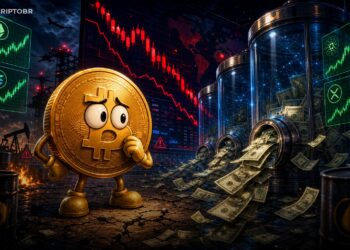 Ilustração editorial do Bitcoin pressionado por saques em ETFs spot e tensão global