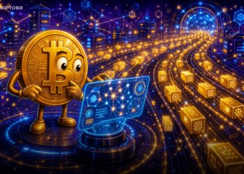 Ilustração editorial do mascote Bitcoin analisando microtransações e atividade on-chain na rede