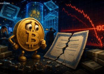 Ilustração editorial sobre STRC da Strategy caindo abaixo do par e pressão sobre plano de Bitcoin