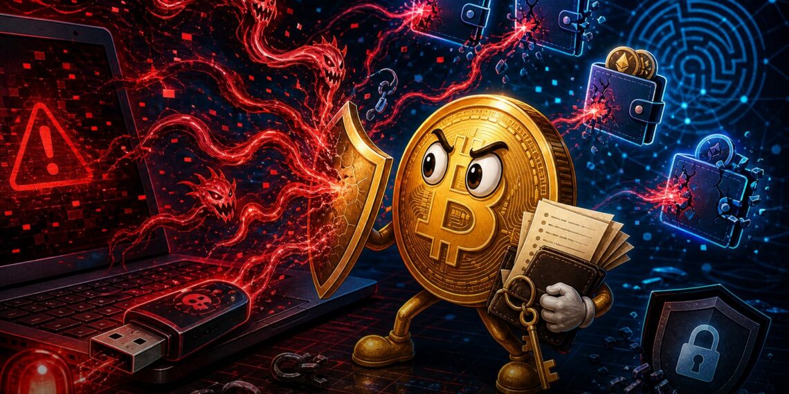 Ilustração de malware via USB mirando carteiras cripto no Windows