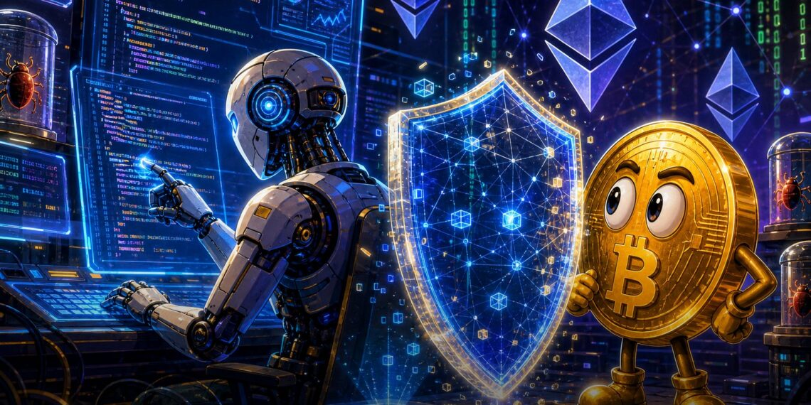 Ilustração editorial sobre IA analisando contratos inteligentes e segurança cripto