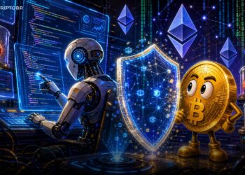 Ilustração editorial sobre IA analisando contratos inteligentes e segurança cripto