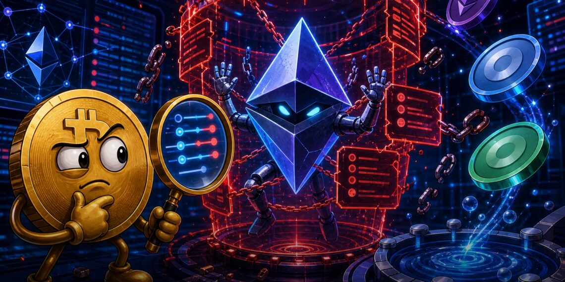 Ilustração editorial de um bot MEV do Ethereum preso em armadilha de contratos falsos