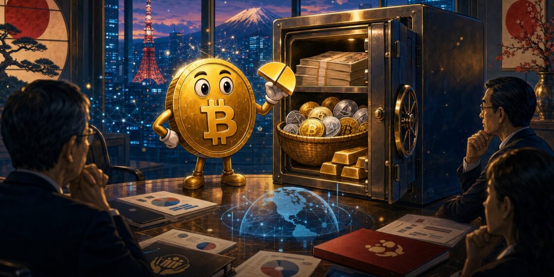 Ilustração editorial sobre fundo de pensão japonês alocando pequena fatia em cripto